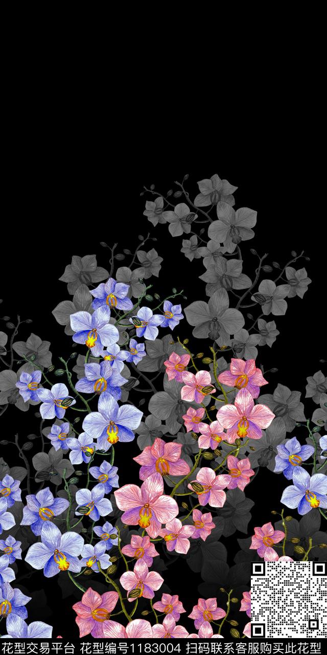 手绘花卉黑底花卉定位花数码印花华亿平台下载（图片编号: 1183004） - 瓦栏（Walan）
