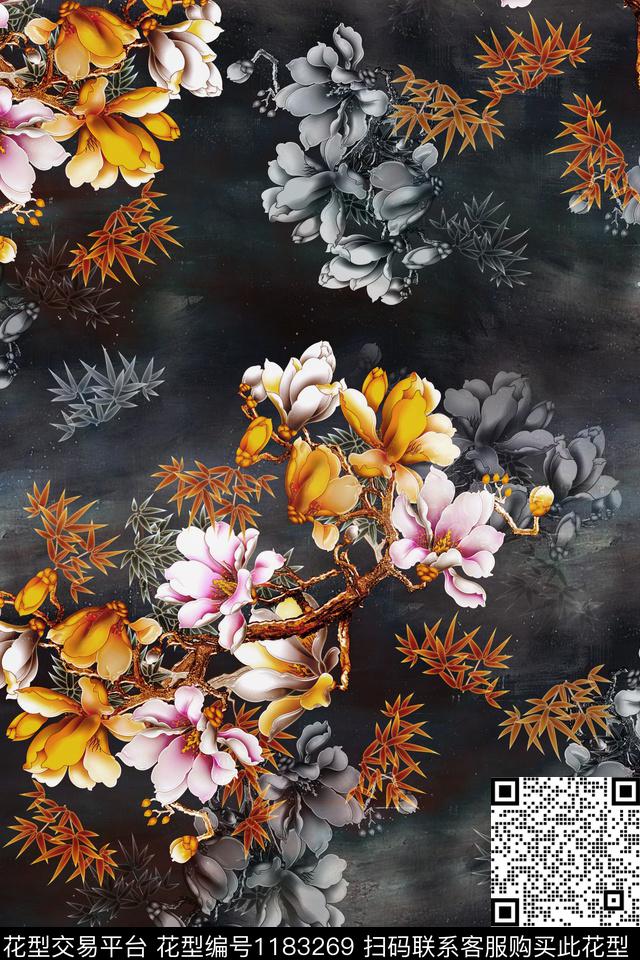 香云纱旗袍玉兰花数码印花华亿平台下载（图片编号: 1183269） - 瓦栏（Walan）