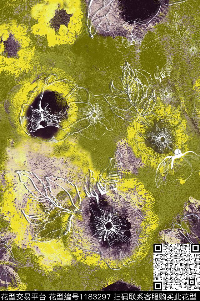 抽象手绘花卉线条花卉数码印花华亿平台下载（图片编号: 1183297） - 瓦栏（Walan）