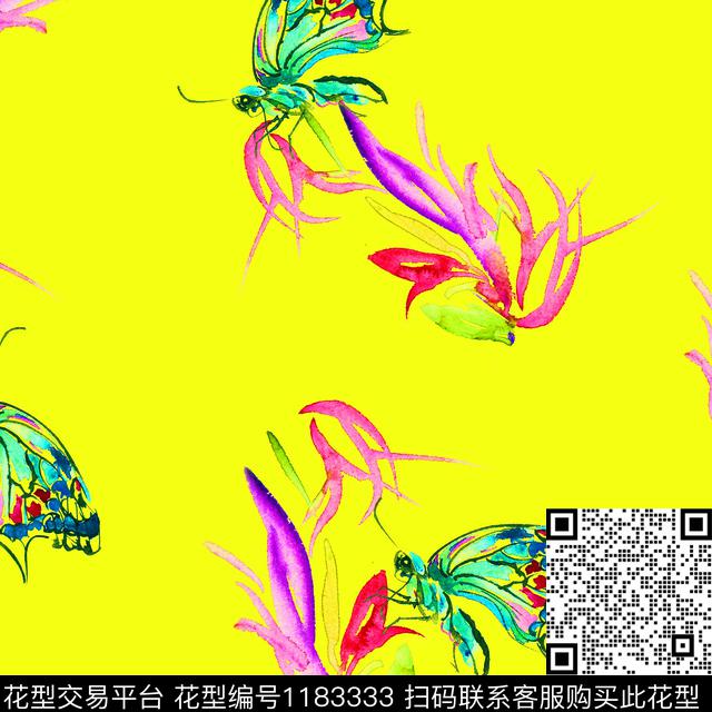 植物手绘蝴蝶古风数码印花华亿平台下载（图片编号: 1183333） - 瓦栏（Walan）