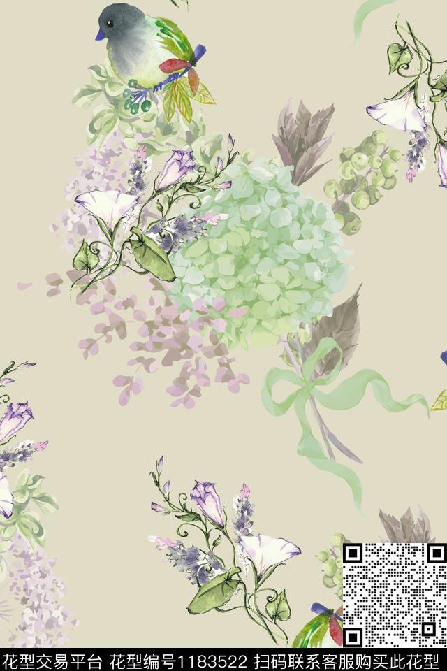 春夏华亿平台牵牛花水彩花卉数码印花华亿平台下载（图片编号: 1183522） - 瓦栏（Walan）