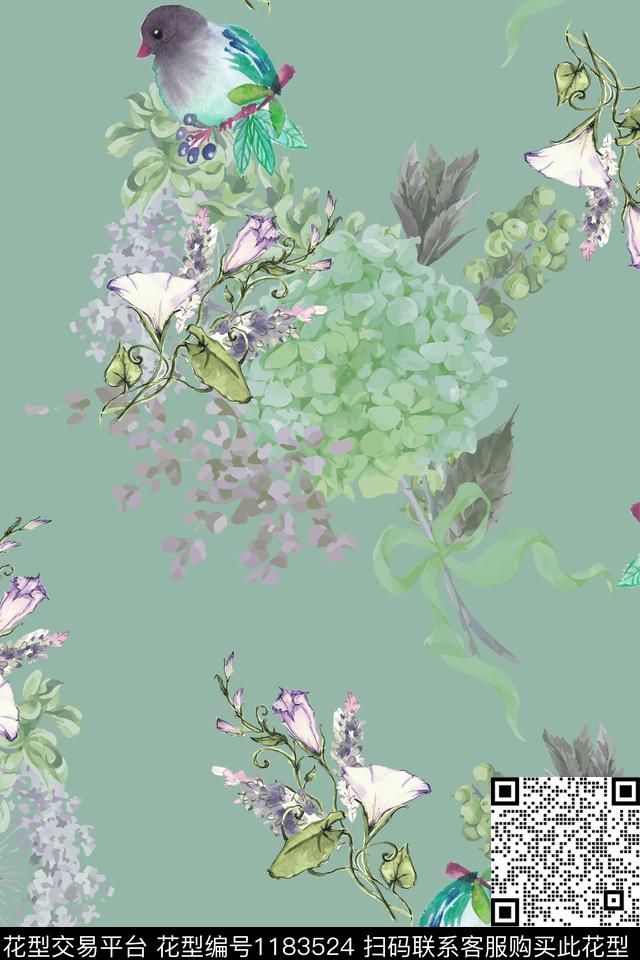 春夏华亿平台牵牛花水彩花卉数码印花华亿平台下载（图片编号: 1183524） - 瓦栏（Walan）