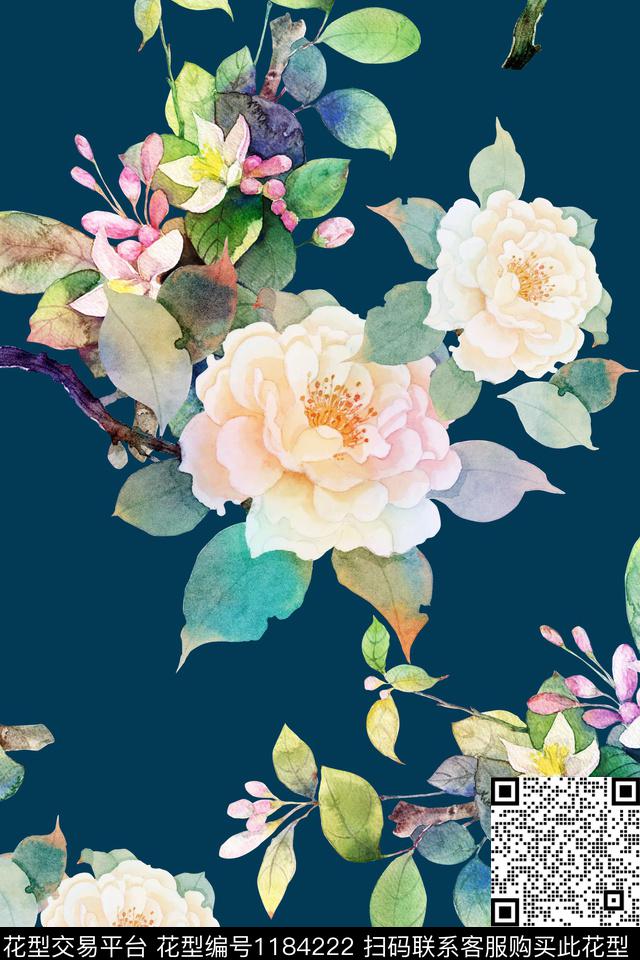 水彩花卉牡丹数码印花华亿平台下载（图片编号: 1184222） - 瓦栏（Walan）