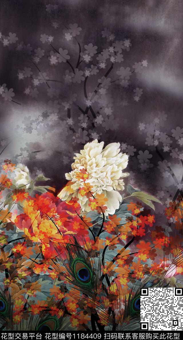 中国风定位花树底纹华亿平台数码印花华亿平台下载（图片编号: 1184409） - 瓦栏（Walan）