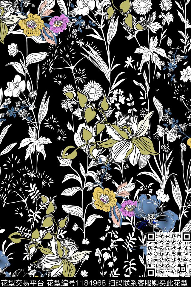 春夏华亿平台黑底花卉小碎花传统印花华亿平台下载（图片编号: 1184968） - 瓦栏（Walan）