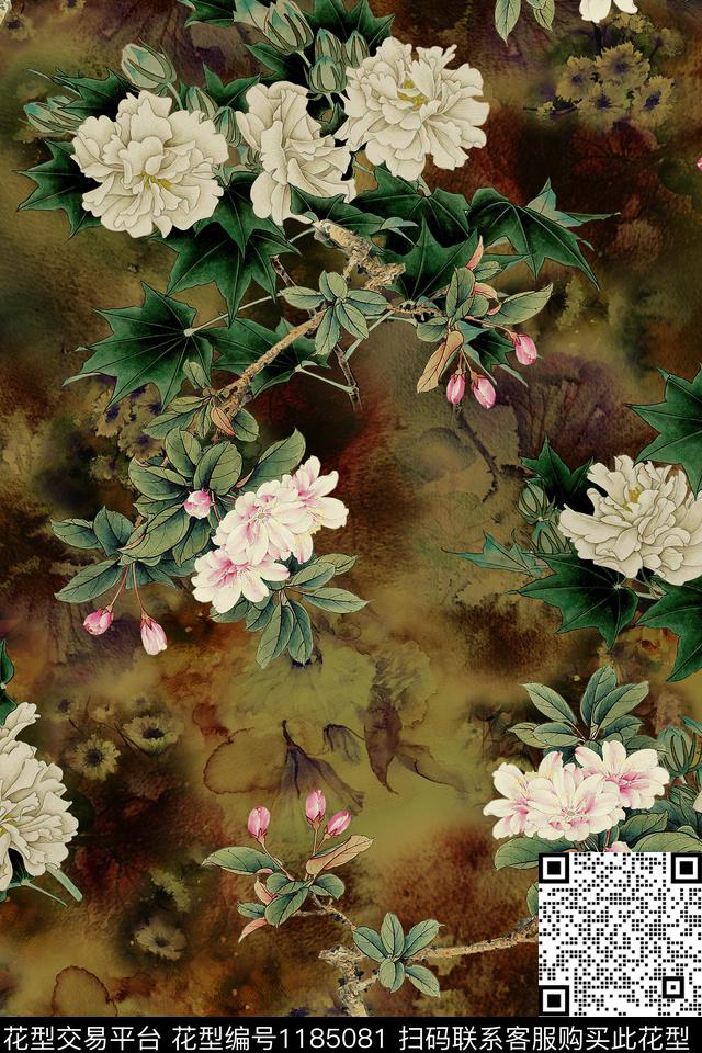 海棠花卉香云纱数码印花华亿平台下载（图片编号: 1185081） - 瓦栏（Walan）