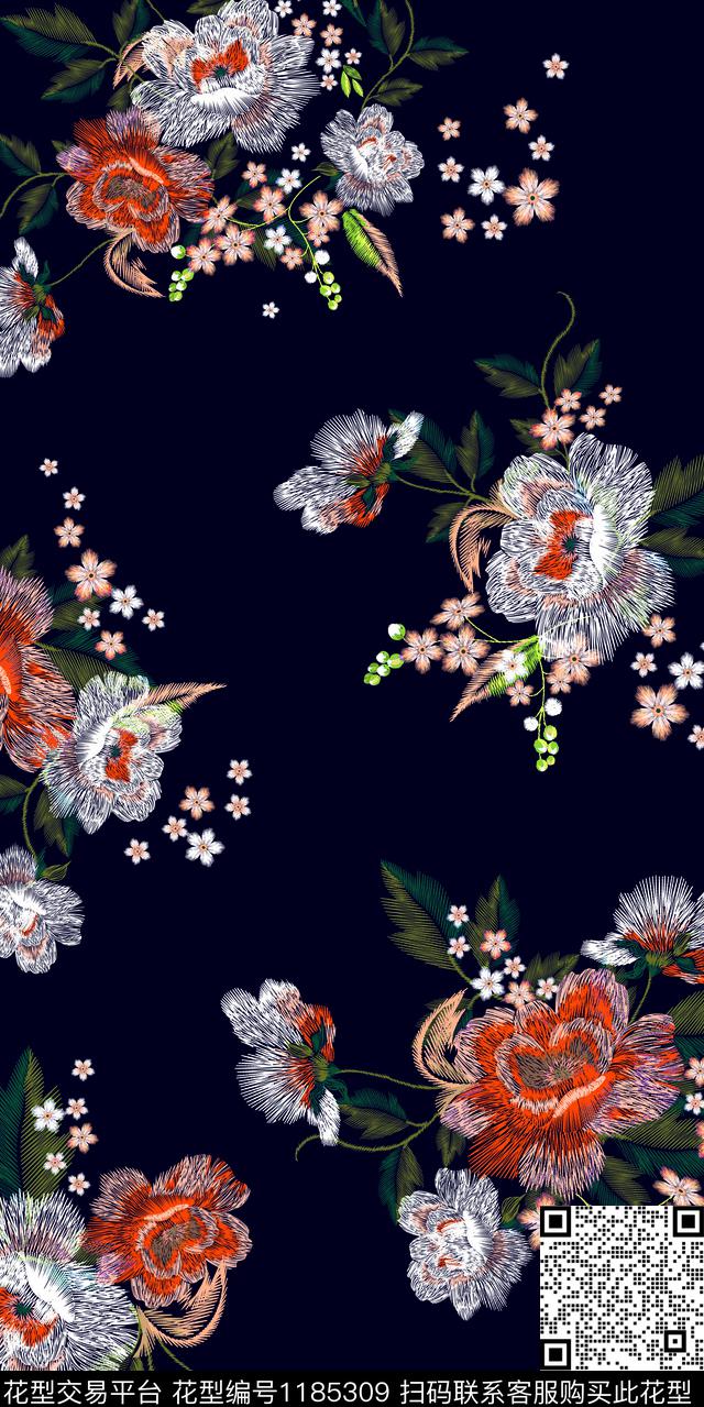 绣花华亿平台花卉。满版散花数码印花华亿平台下载（图片编号: 1185309） - 瓦栏（Walan）