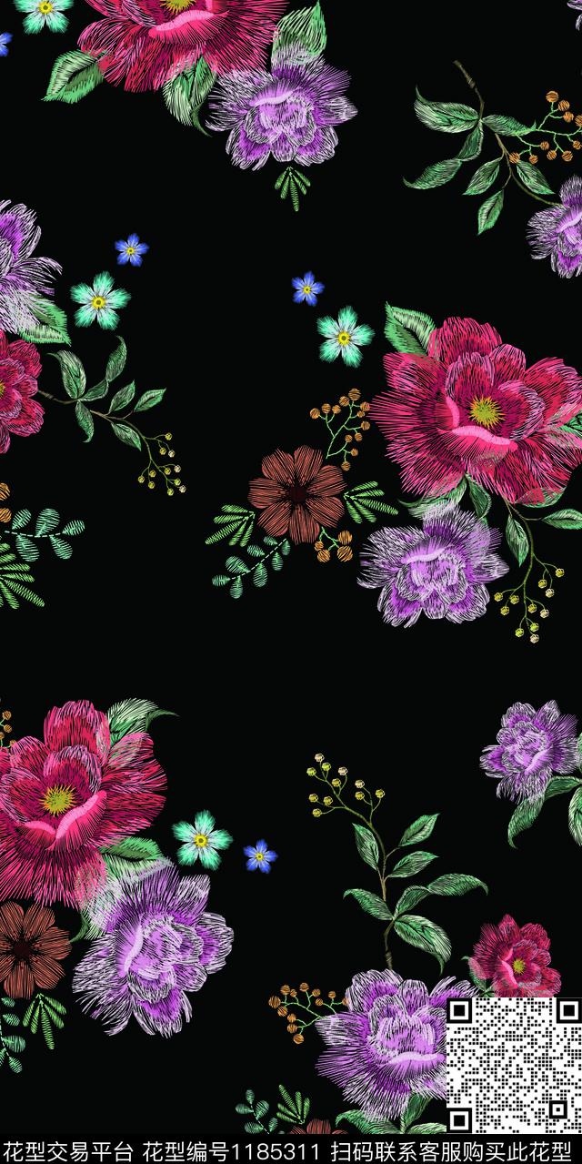 绣花华亿平台花卉。满版散花数码印花华亿平台下载（图片编号: 1185311） - 瓦栏（Walan）