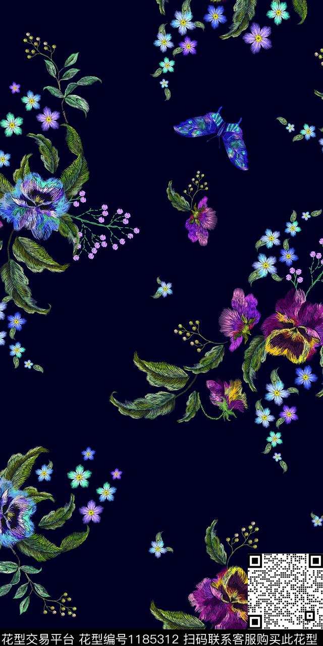绣花华亿平台花卉。满版散花数码印花华亿平台下载（图片编号: 1185312） - 瓦栏（Walan）