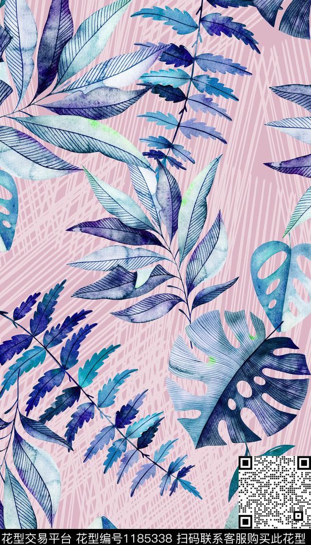 手绘热带华亿平台绿植树叶数码印花华亿平台下载（图片编号: 1185338） - 瓦栏（Walan）