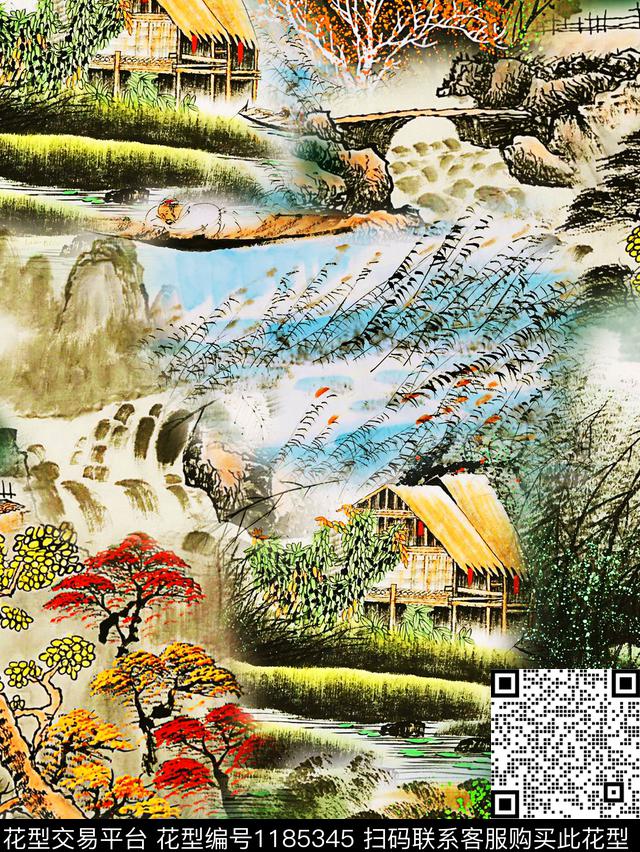 国画水彩水墨风数码印花华亿平台下载（图片编号: 1185345） - 瓦栏（Walan）