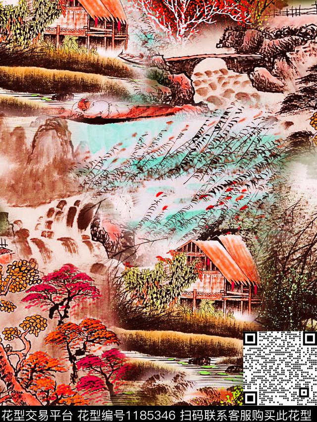 国画水彩水墨风数码印花华亿平台下载（图片编号: 1185346） - 瓦栏（Walan）