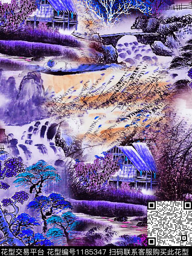 国画水彩水墨风数码印花华亿平台下载（图片编号: 1185347） - 瓦栏（Walan）