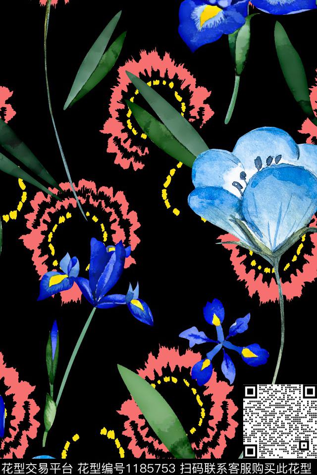 水彩花卉大牌风大花数码印花华亿平台下载（图片编号: 1185753） - 瓦栏（Walan）