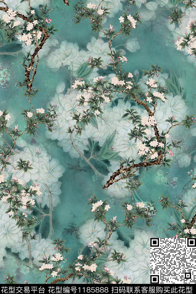 海棠花卉工笔花卉数码印花华亿平台下载（图片编号: 1185888） - 瓦栏（Walan）