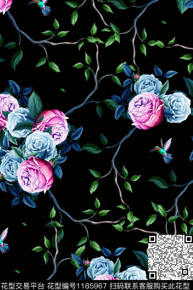 抽象手绘花卉数码印花华亿平台下载（图片编号: 1185967） - 瓦栏（Walan）