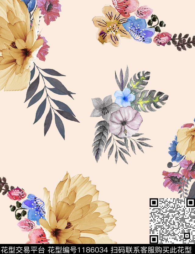 数码华亿平台清爽底花卉花卉数码印花华亿平台下载（图片编号: 1186034） - 瓦栏（Walan）