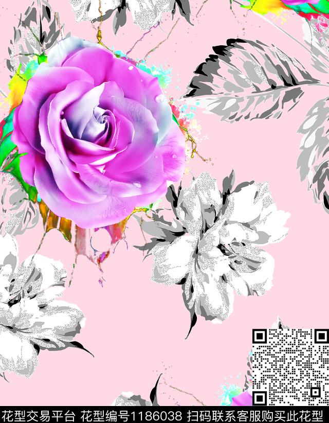 数码华亿平台清爽底花卉大花数码印花华亿平台下载（图片编号: 1186038） - 瓦栏（Walan）