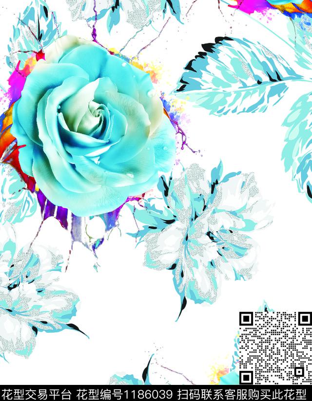 数码华亿平台清爽底花卉大花数码印花华亿平台下载（图片编号: 1186039） - 瓦栏（Walan）