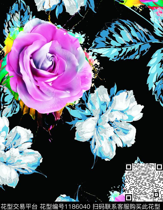 数码华亿平台清爽底花卉大花数码印花华亿平台下载（图片编号: 1186040） - 瓦栏（Walan）