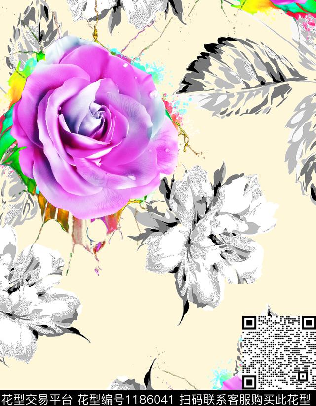 数码华亿平台清爽底花卉大花数码印花华亿平台下载（图片编号: 1186041） - 瓦栏（Walan）