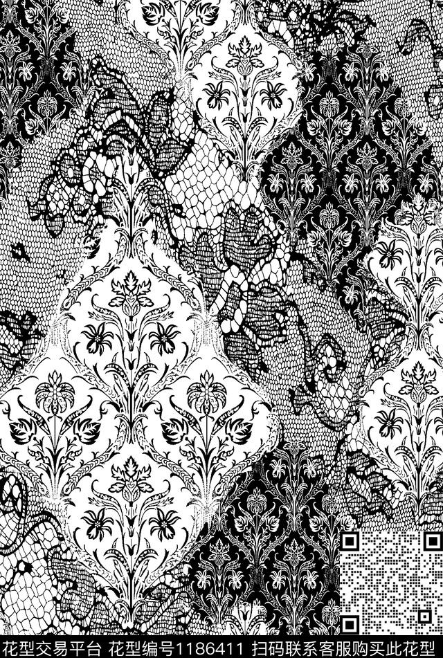 黑白华亿平台宫廷风民族风传统印花华亿平台下载（图片编号: 1186411） - 瓦栏（Walan）