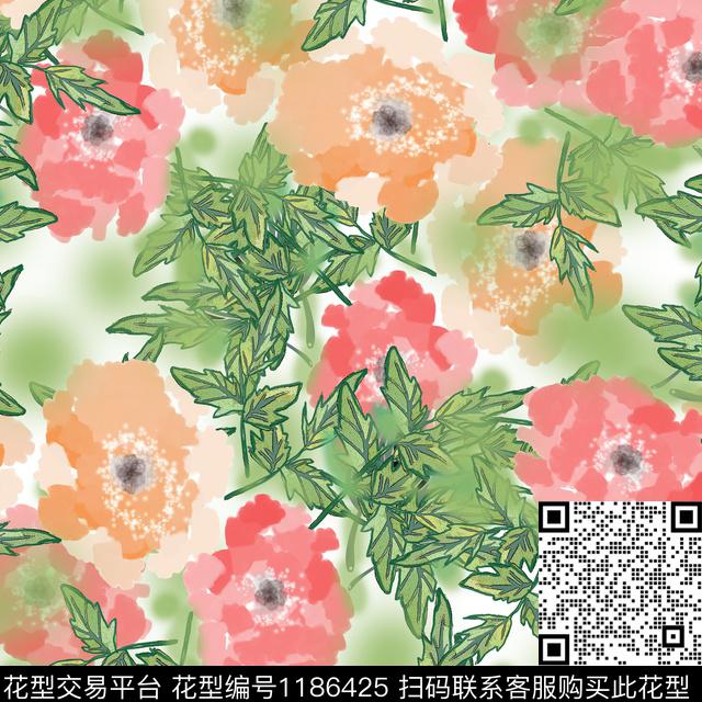 手绘花卉混合拼接数码印花华亿平台下载（图片编号: 1186425） - 瓦栏（Walan）