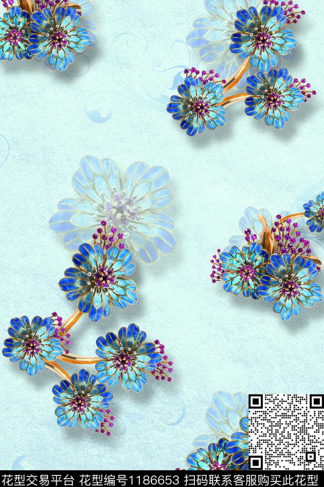 花卉珍珠花蓝色底数码印花华亿平台下载（图片编号: 1186653） - 瓦栏（Walan）