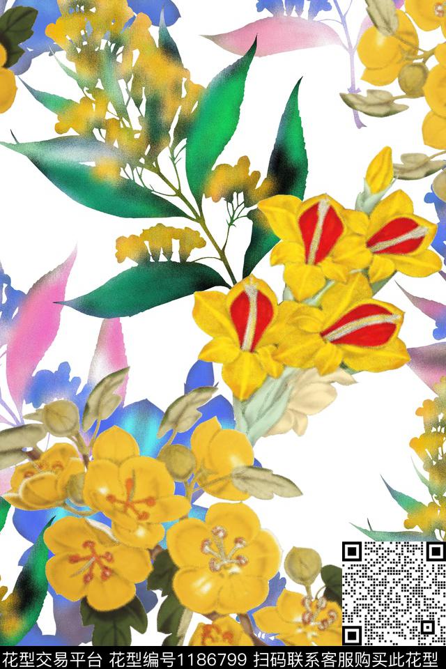 数码华亿平台手绘花卉数码印花华亿平台下载（图片编号: 1186799） - 瓦栏（Walan）
