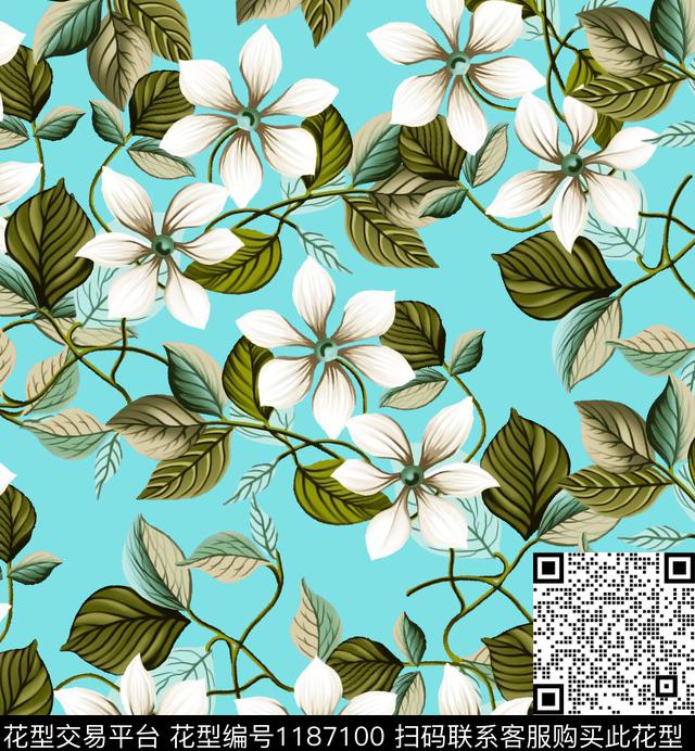 清爽底花卉水彩花卉藤蔓数码印花华亿平台下载（图片编号: 1187100） - 瓦栏（Walan）