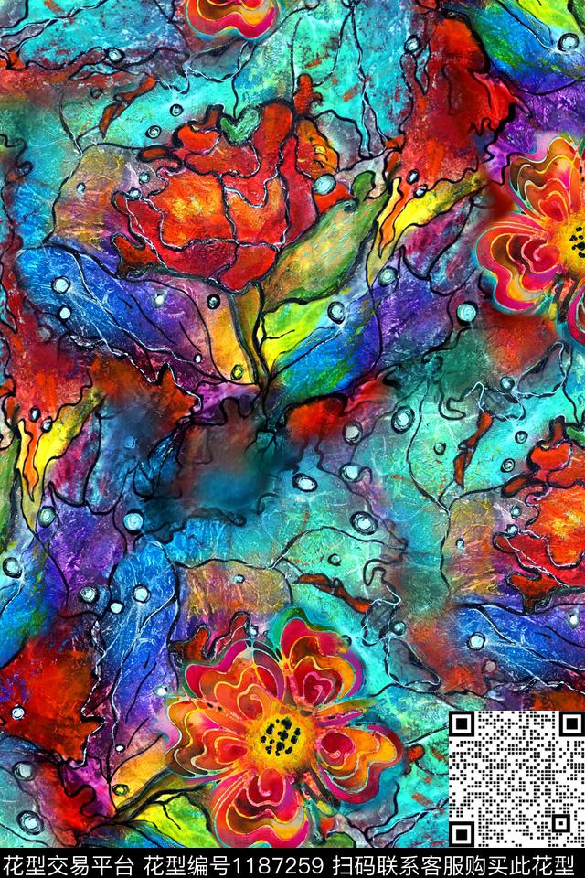 抽象花卉扎染华亿平台数码印花华亿平台下载（图片编号: 1187259） - 瓦栏（Walan）