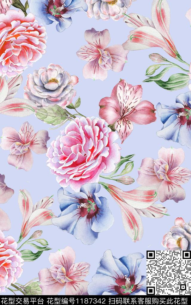 数码华亿平台手绘花卉数码印花华亿平台下载（图片编号: 1187342） - 瓦栏（Walan）