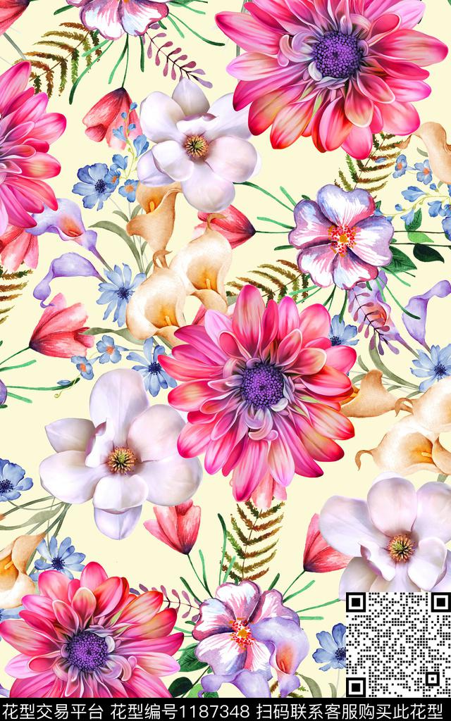 数码华亿平台手绘花卉数码印花华亿平台下载（图片编号: 1187348） - 瓦栏（Walan）