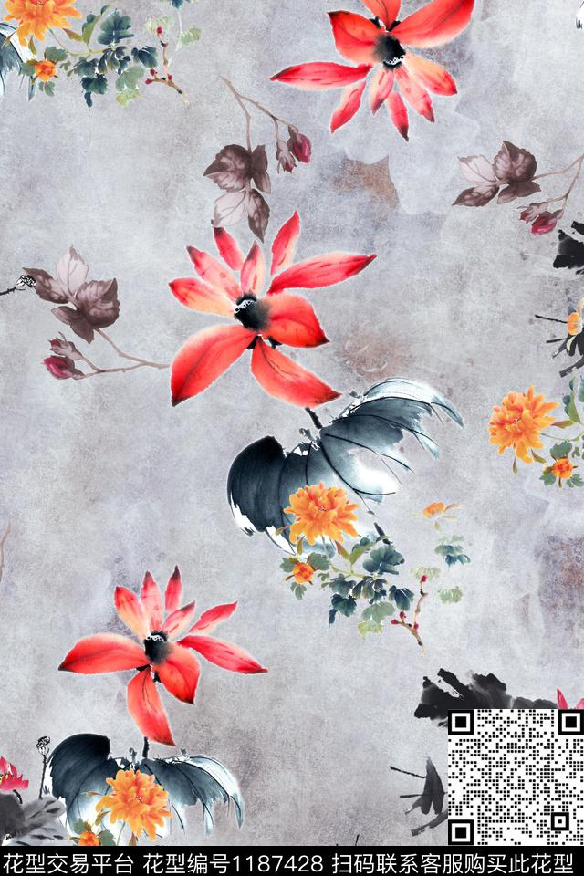 水彩花卉中国风水墨风数码印花华亿平台下载（图片编号: 1187428） - 瓦栏（Walan）