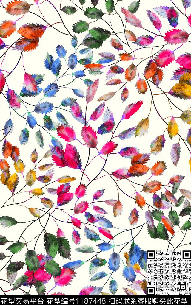 手绘大牌风绿植树叶数码印花华亿平台下载（图片编号: 1187448） - 瓦栏（Walan）