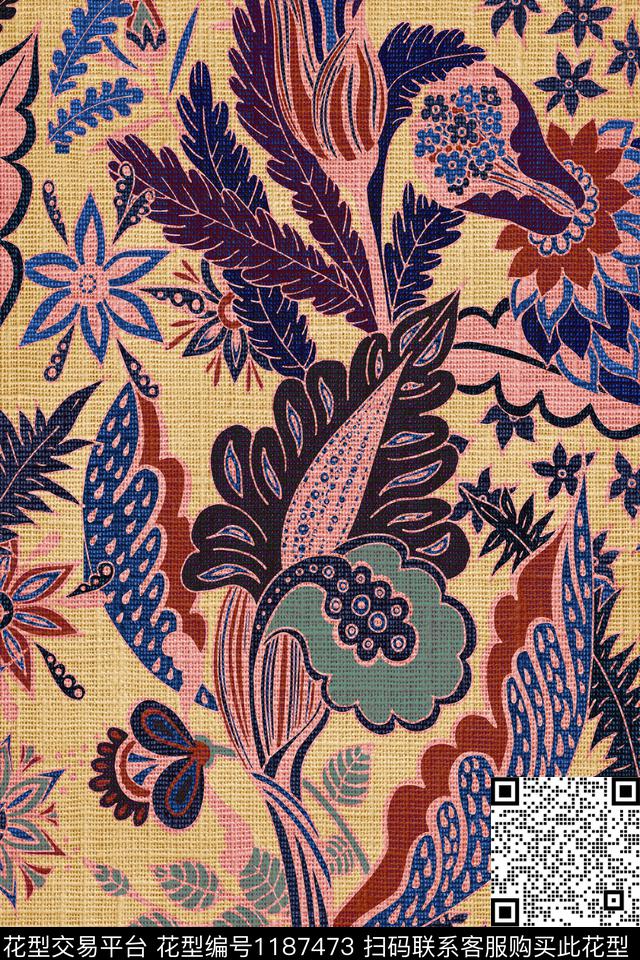 复古布纹民族风数码印花华亿平台下载（图片编号: 1187473） - 瓦栏（Walan）