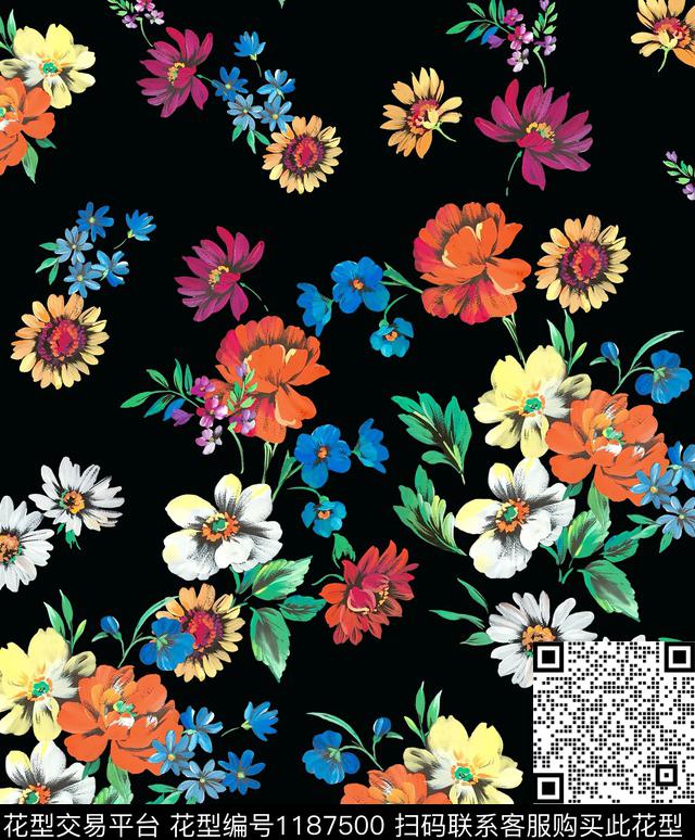 花卉手绘花卉黑底花卉数码印花华亿平台下载（图片编号: 1187500） - 瓦栏（Walan）