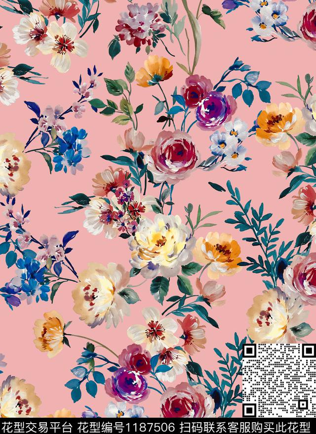 清爽底花卉水彩花卉温室花卉数码印花华亿平台下载（图片编号: 1187506） - 瓦栏（Walan）