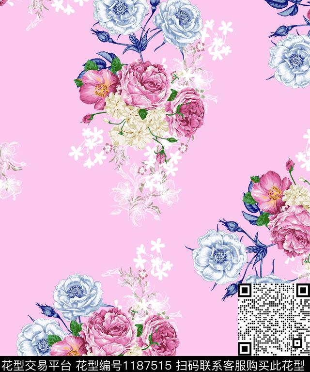 数码华亿平台清爽底花卉大花数码印花华亿平台下载（图片编号: 1187515） - 瓦栏（Walan）