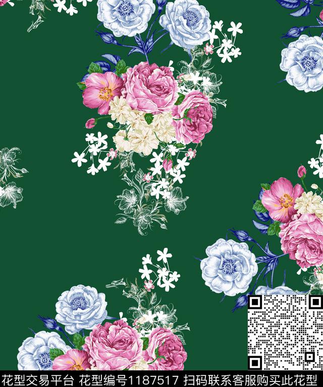 数码华亿平台清爽底花卉大花数码印花华亿平台下载（图片编号: 1187517） - 瓦栏（Walan）