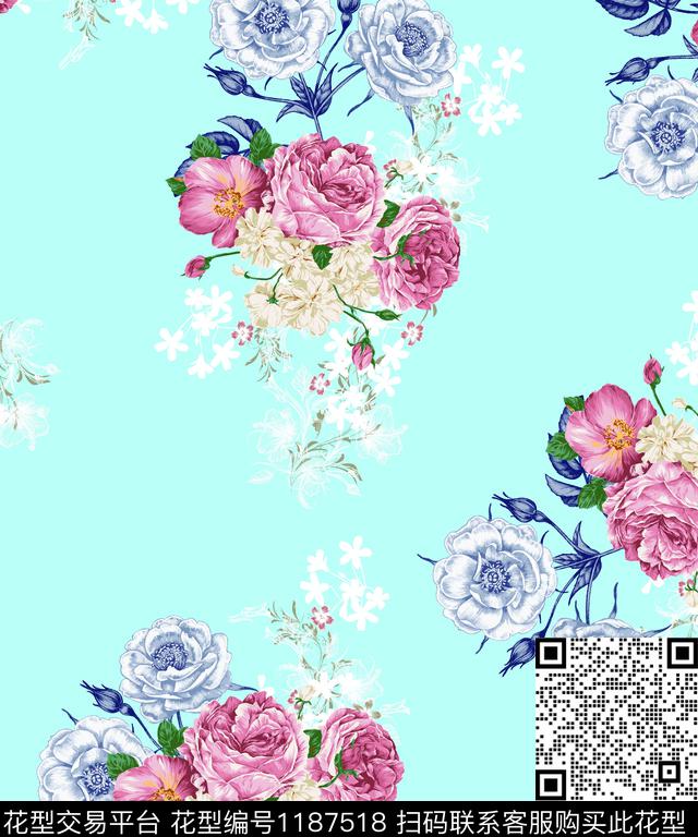 数码华亿平台清爽底花卉大花数码印花华亿平台下载（图片编号: 1187518） - 瓦栏（Walan）