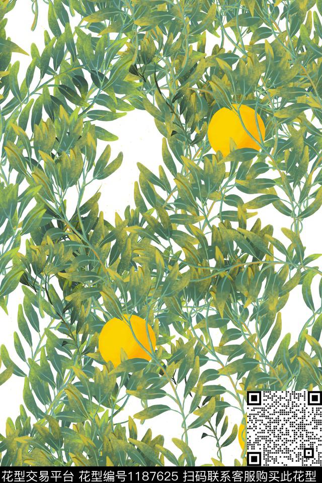 树枝手绘绿植树叶数码印花华亿平台下载（图片编号: 1187625） - 瓦栏（Walan）