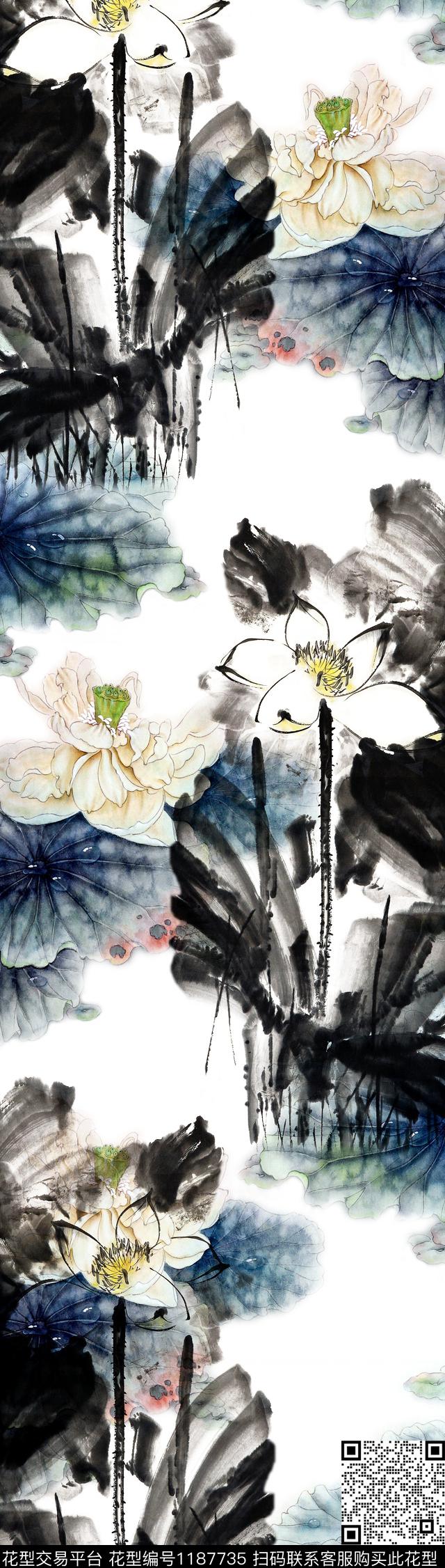 荷花水墨风中长巾数码印花华亿平台下载（图片编号: 1187735） - 瓦栏（Walan）