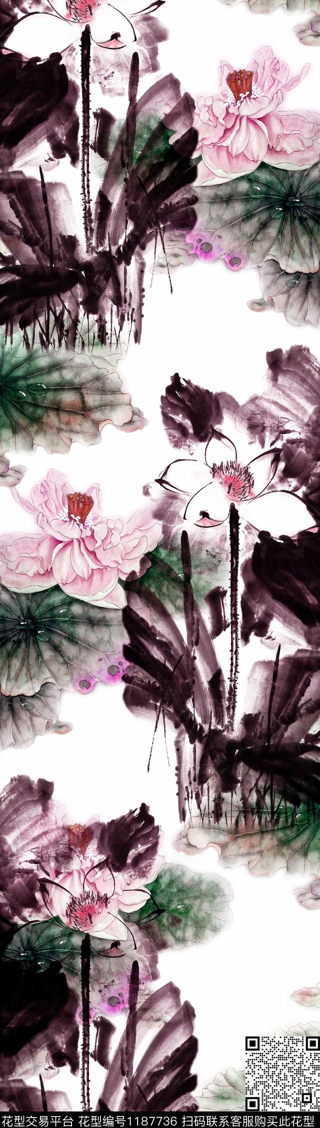 荷花水墨风中长巾数码印花华亿平台下载（图片编号: 1187736） - 瓦栏（Walan）