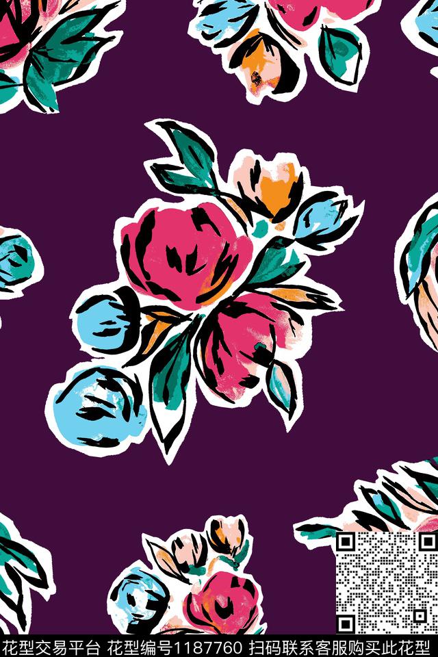 大花手绘花卉数码印花华亿平台下载（图片编号: 1187760） - 瓦栏（Walan）