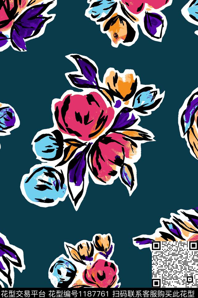 大花手绘花卉数码印花华亿平台下载（图片编号: 1187761） - 瓦栏（Walan）