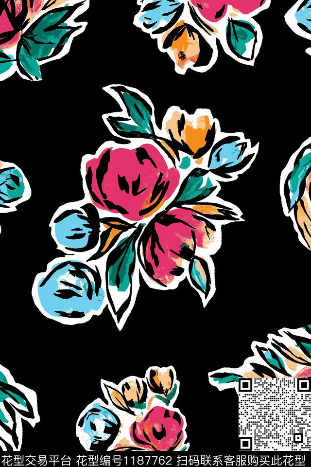 大花手绘花卉数码印花华亿平台下载（图片编号: 1187762） - 瓦栏（Walan）