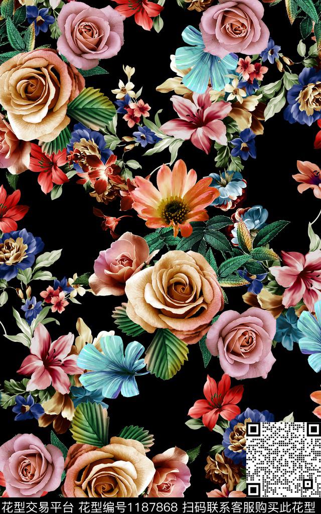 数码华亿平台手绘花卉数码印花华亿平台下载（图片编号: 1187868） - 瓦栏（Walan）