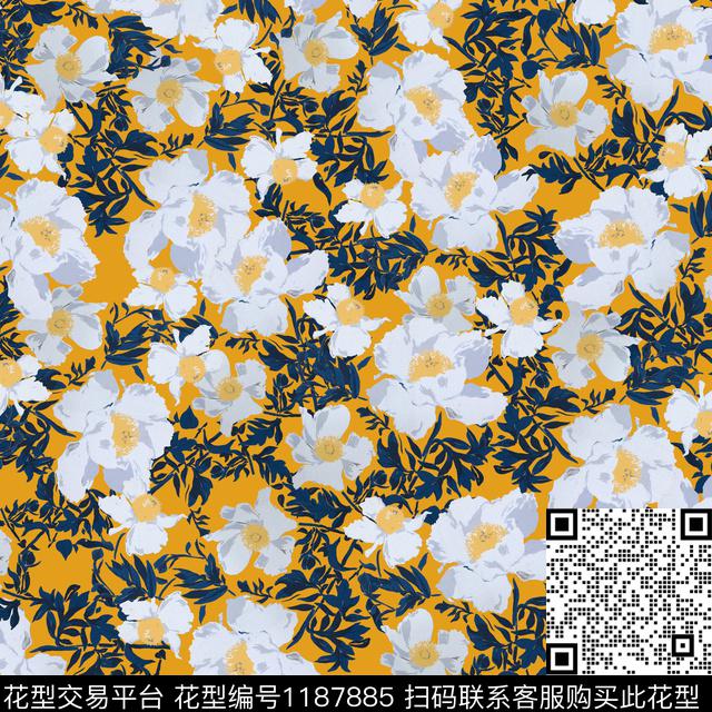 彩底花卉手绘满版散花传统印花华亿平台下载（图片编号: 1187885） - 瓦栏（Walan）