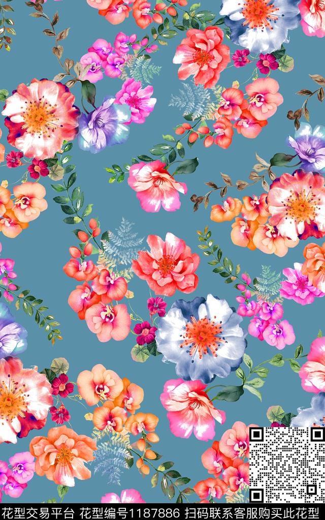 数码华亿平台手绘花卉数码印花华亿平台下载（图片编号: 1187886） - 瓦栏（Walan）